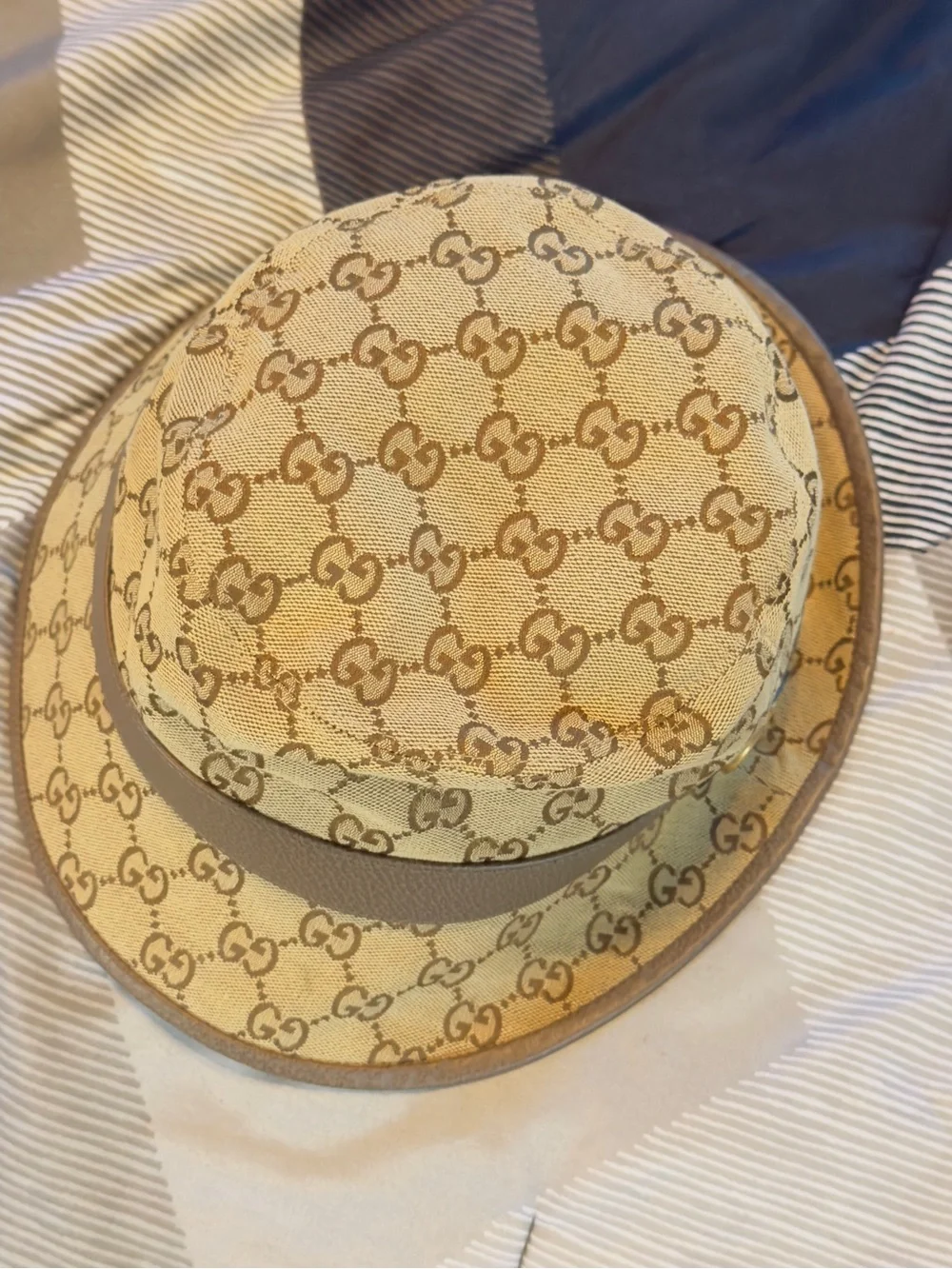 Gucci Beige GG Monogram Bucket Hat with Taupe Band and Gold Logo